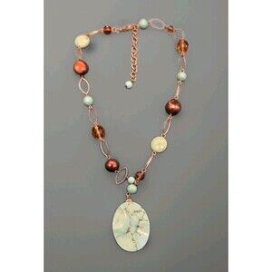 18" Handmade Copper Necklace Turquoise Howlite Pendant Pearls Amber Beads